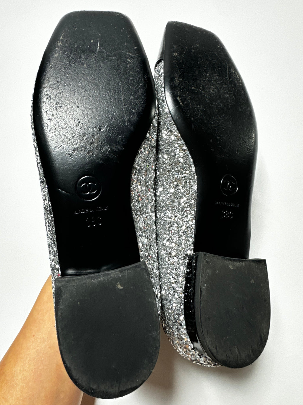 CHANEL silver 17K MILKY WAY GLITTER & PATENT Ballet Flats