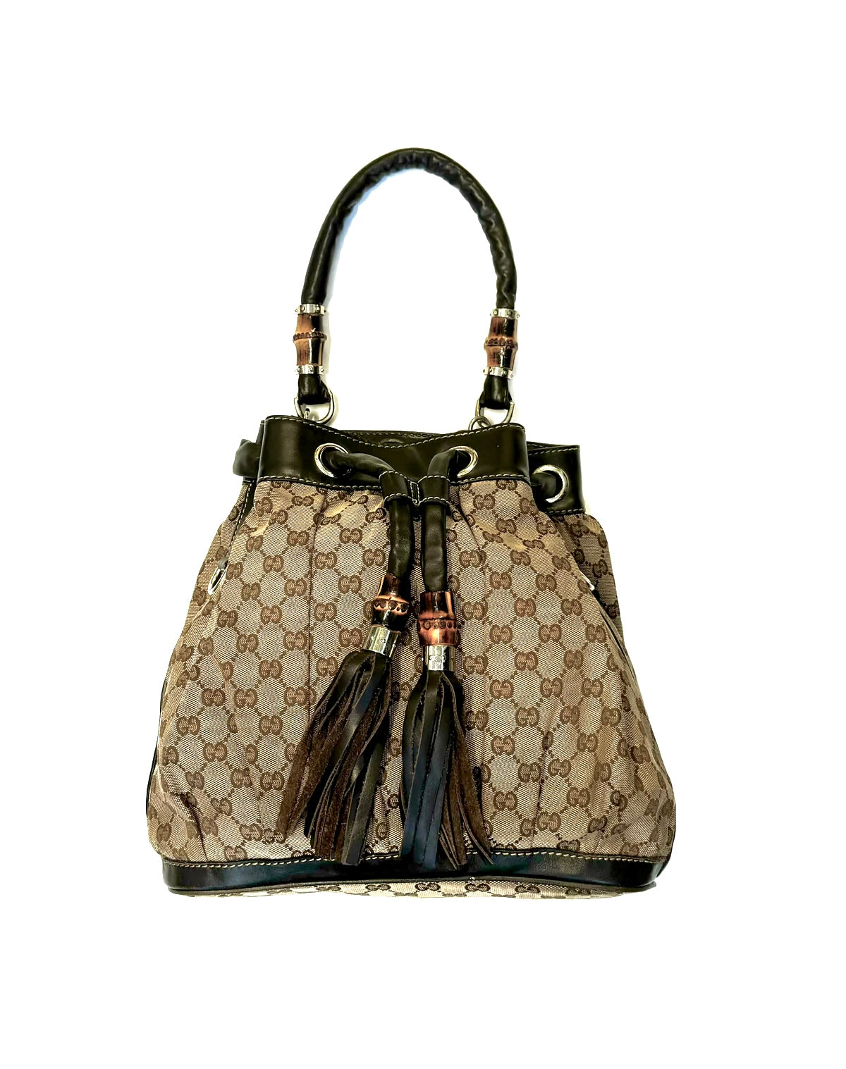 Gucci Leather Monogram Bamboo Handle Shoulder Bag