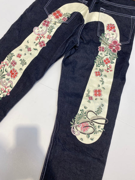 Evisu Embroidery Flower White Daicock Denim Jean