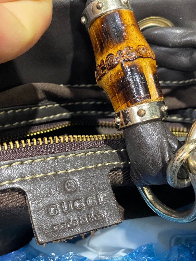 Gucci Leather Monogram Bamboo Handle Shoulder Bag