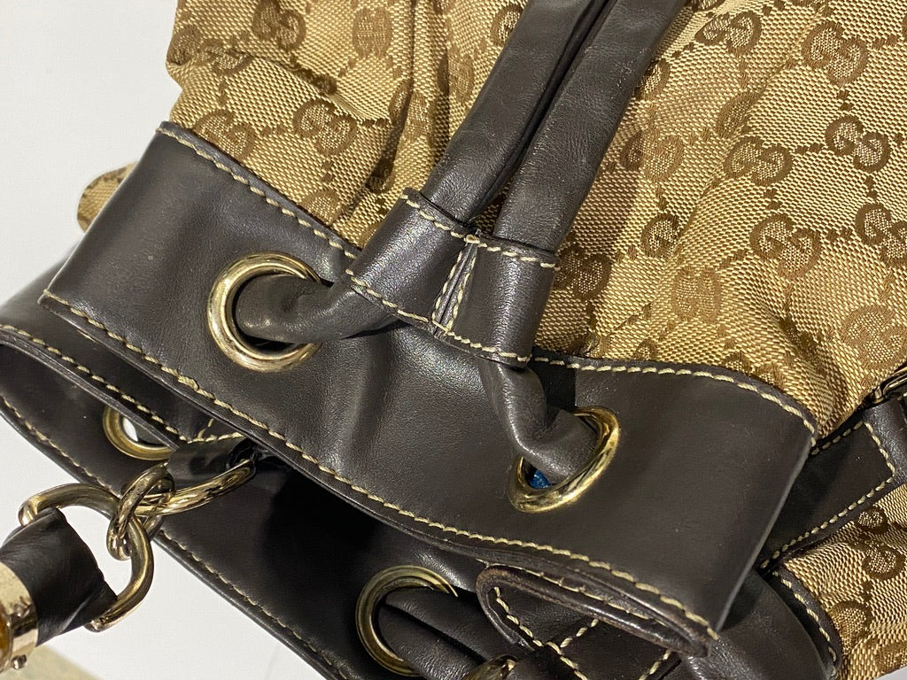 Gucci Leather Monogram Bamboo HandleShoulder Bag