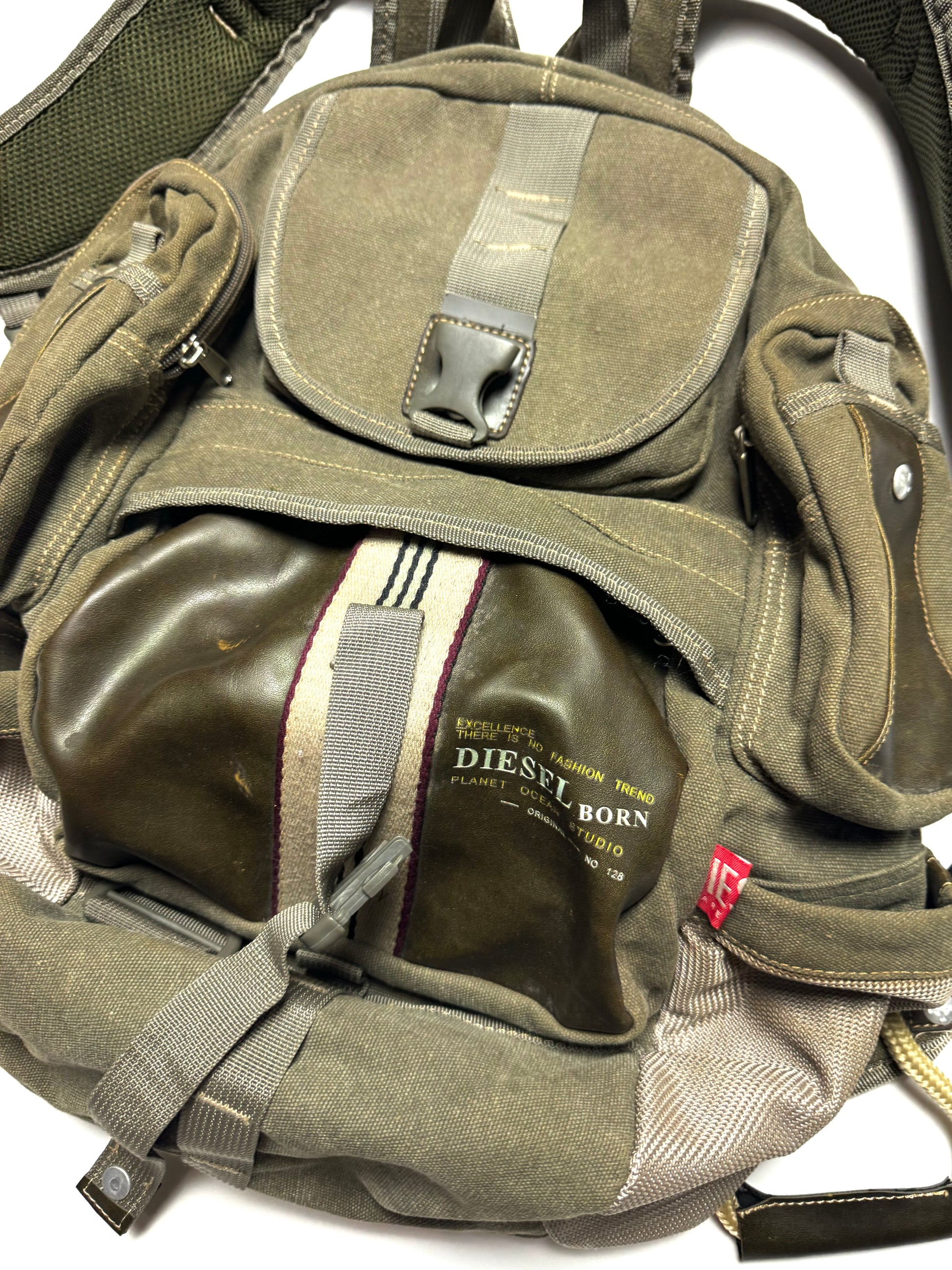 Diesel Spare Parts Line Multi-Pocket Military Army Leather Backpack 90s