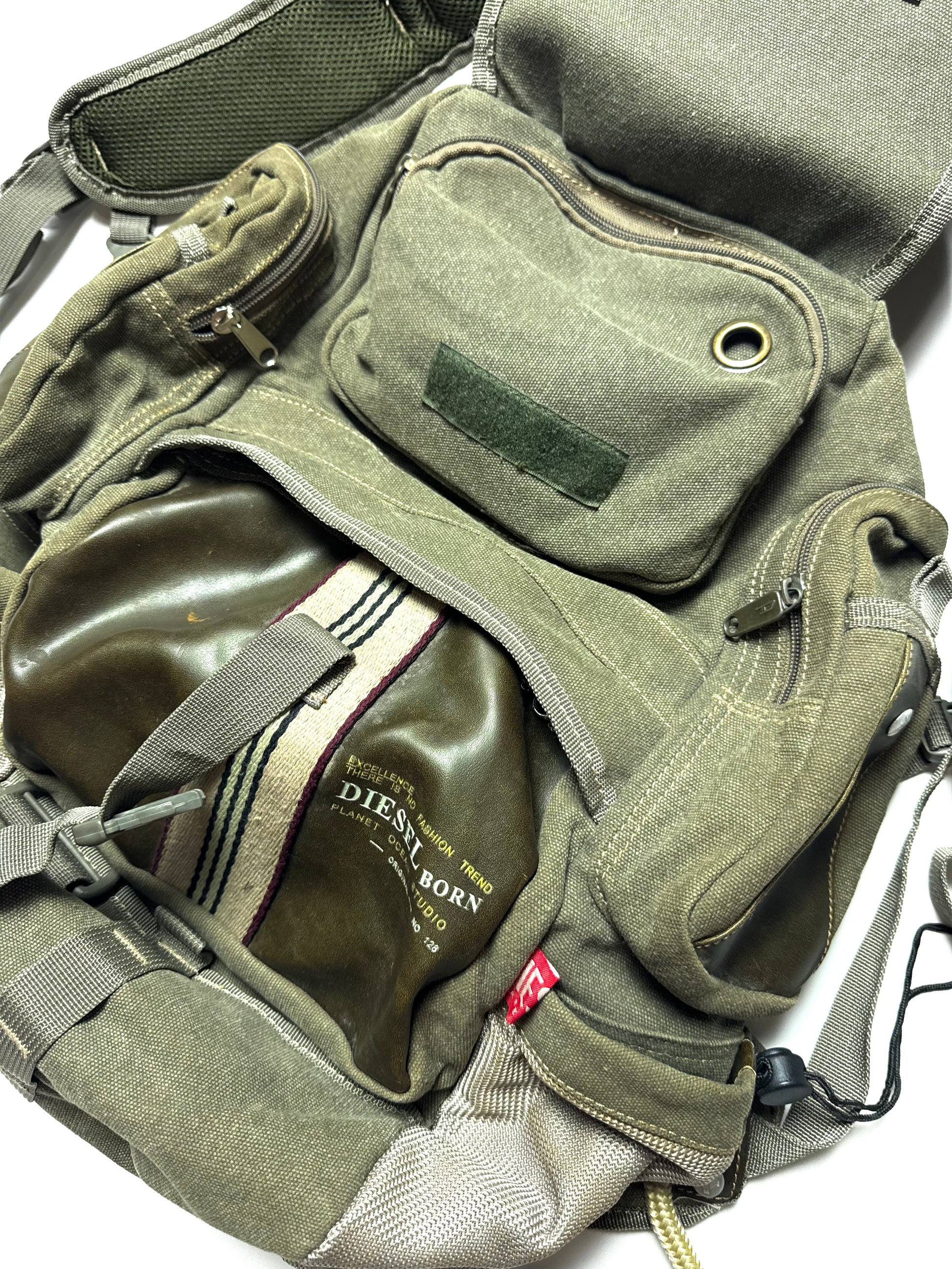 Diesel Spare Parts Line Multi-Pocket Military Army Leather Backpack 90s