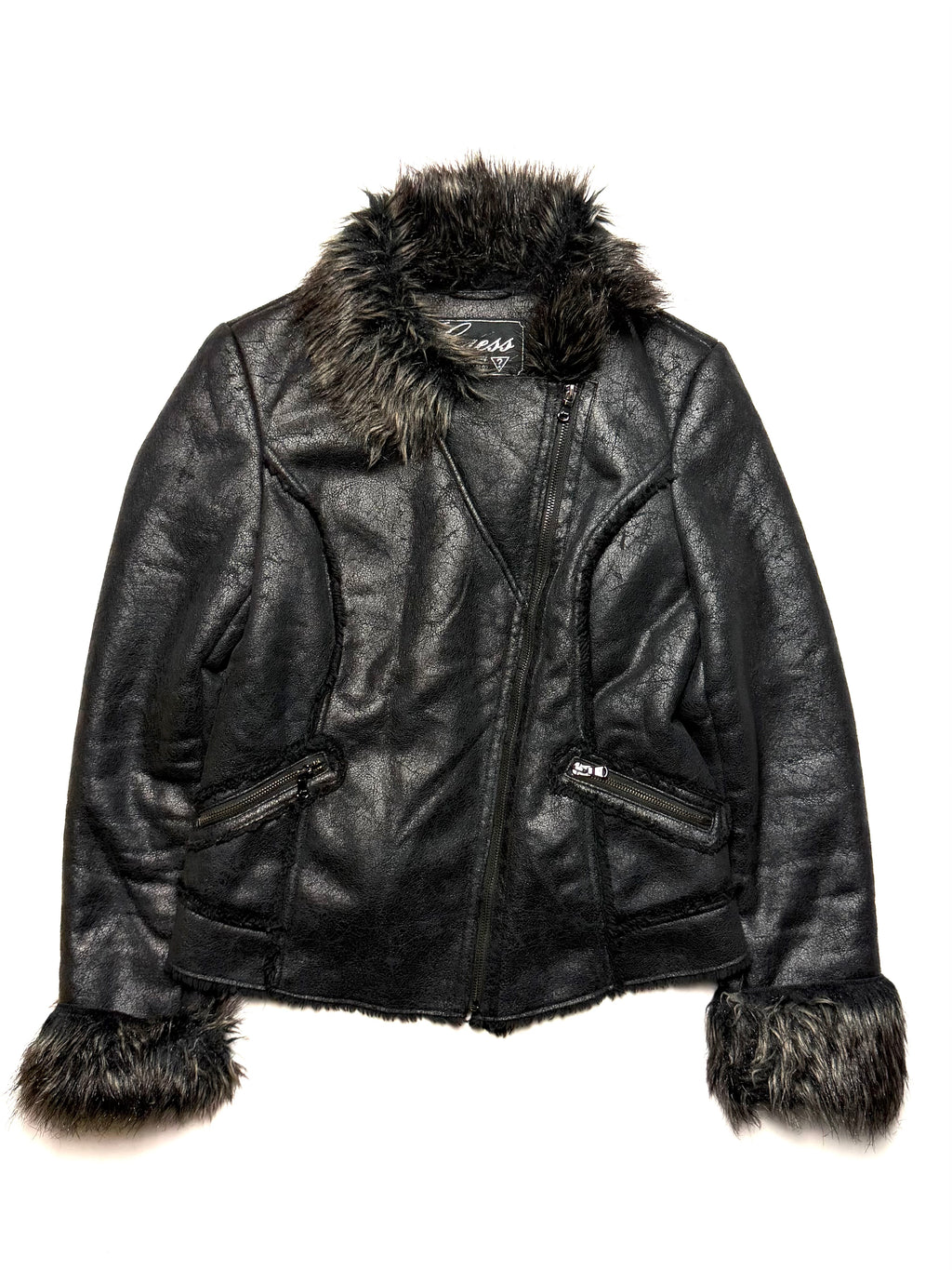GUESS Fur Leather Black Bike Jacket