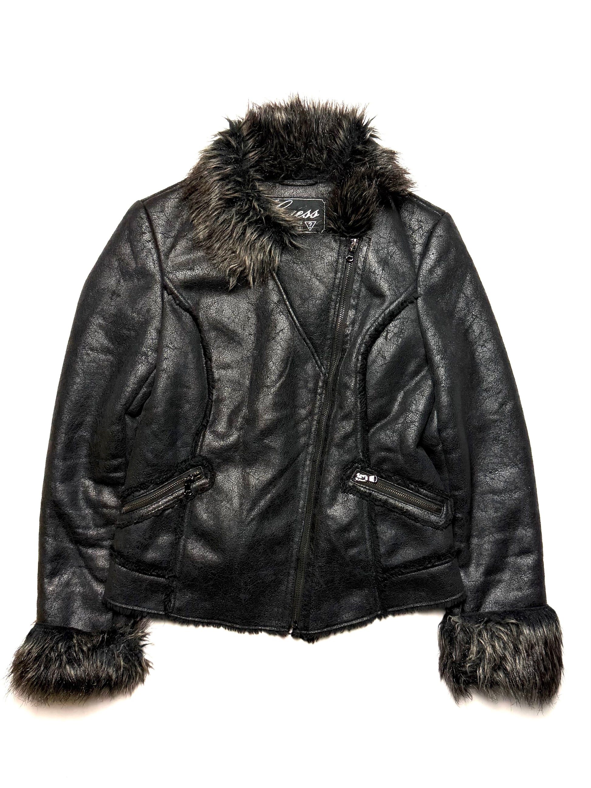 GUESS Fur Leather Black Bike Jacket