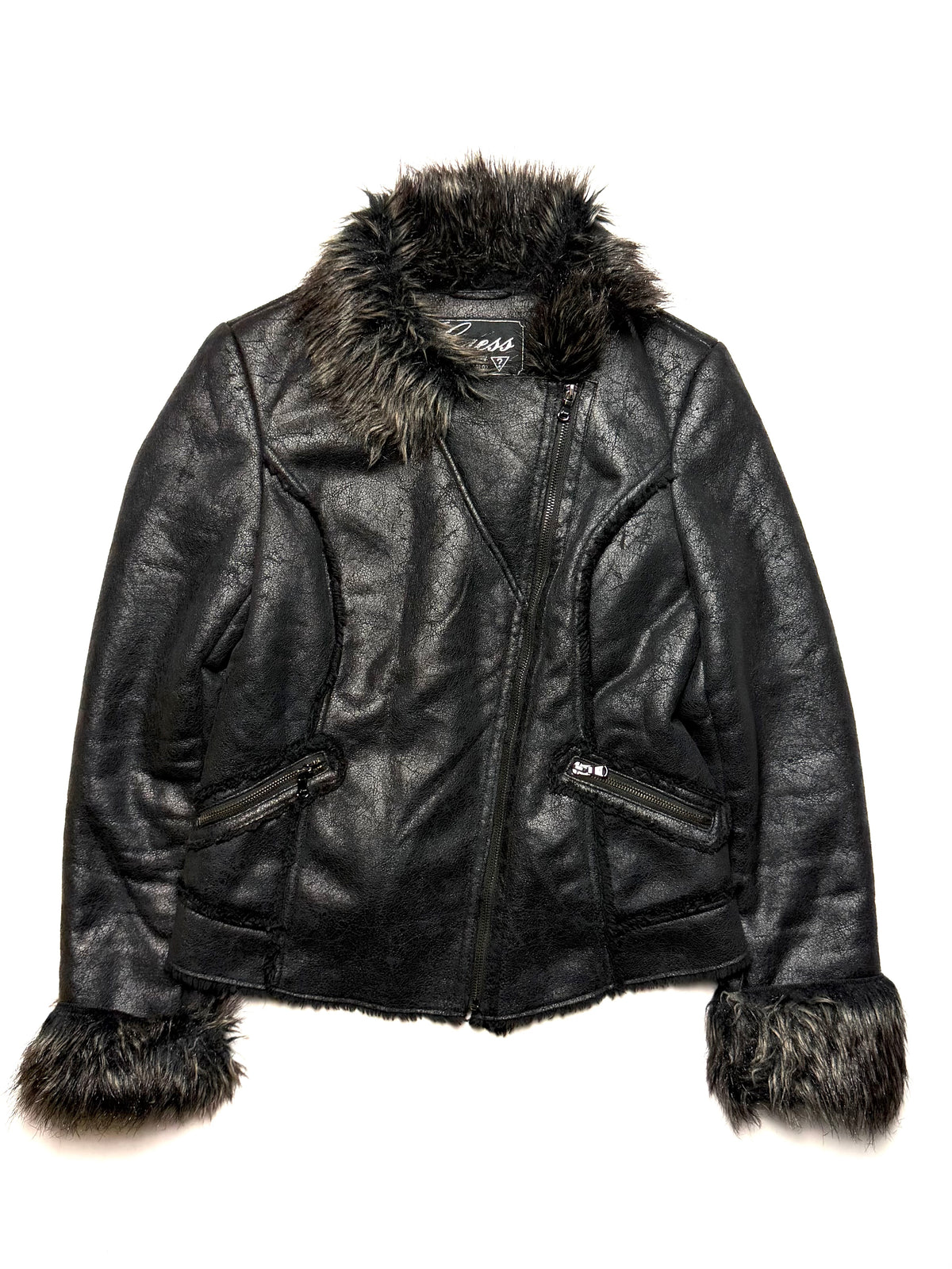 GUESS Fur Leather Black Bike Jacket