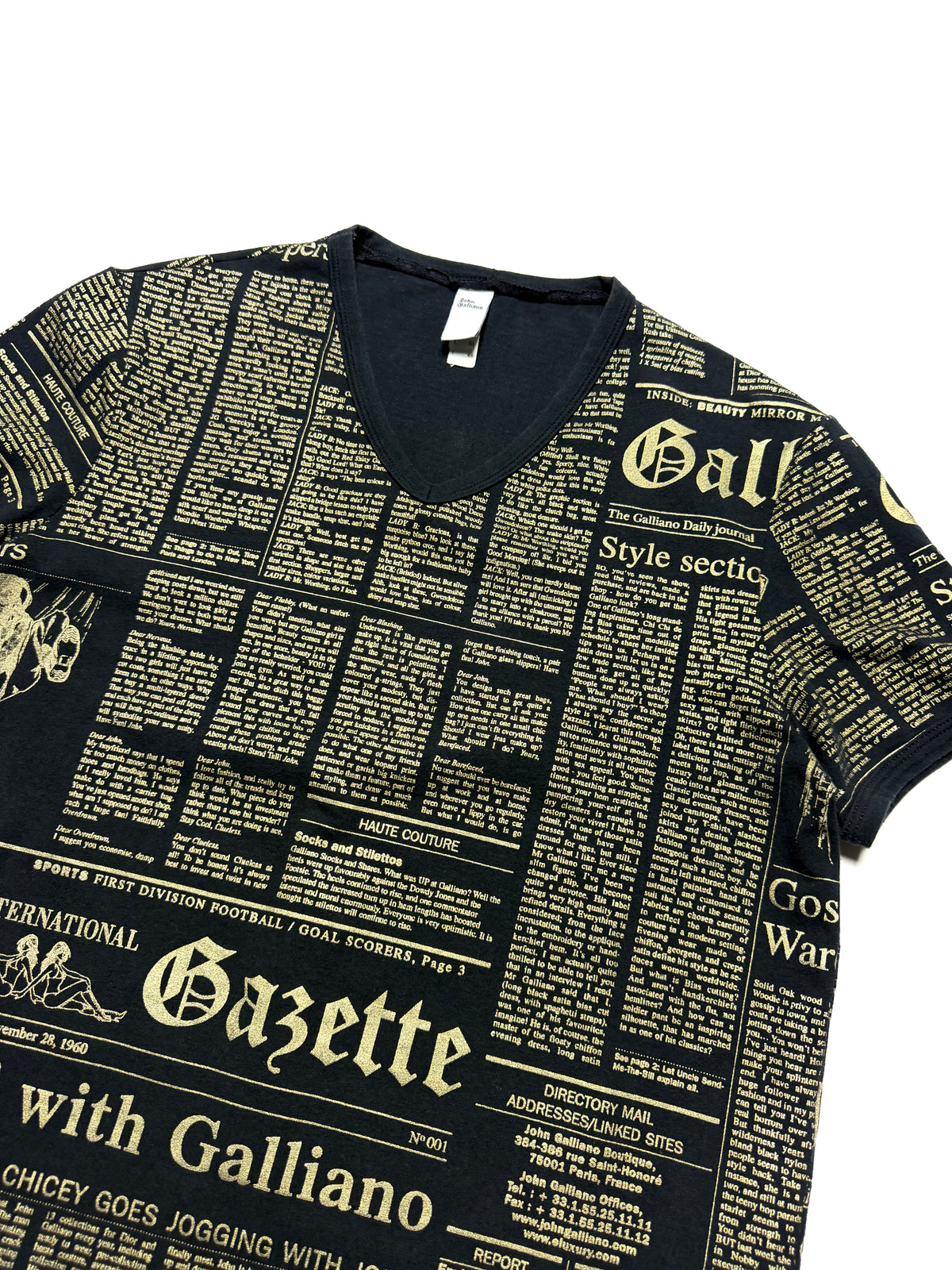 John Galliano 00s Dark Navy Newspaper V-neck Tee
