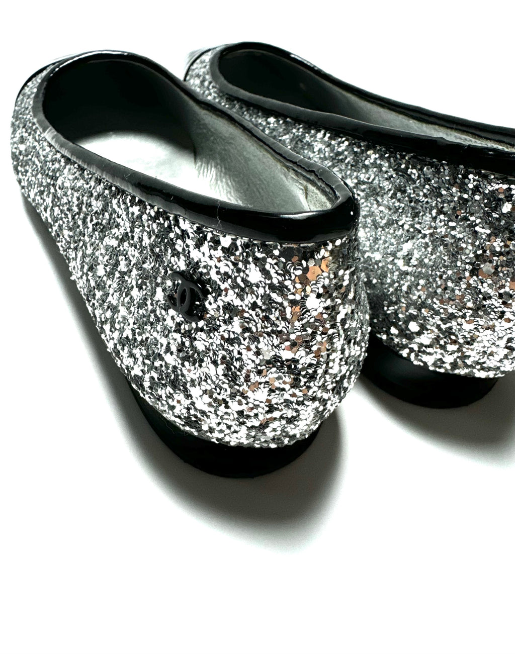 CHANEL silver 17K MILKY WAY GLITTER & PATENT Ballet Flats