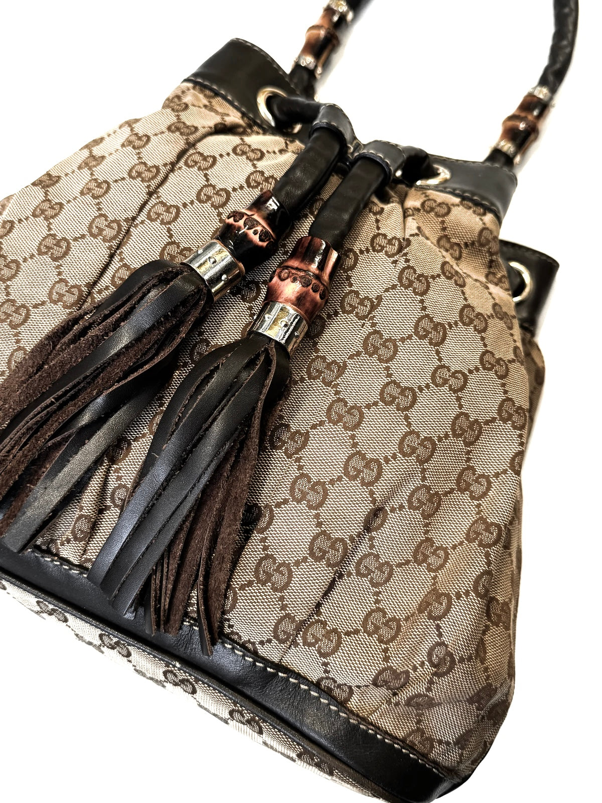 Gucci Leather Monogram Bamboo Handle Shoulder Bag