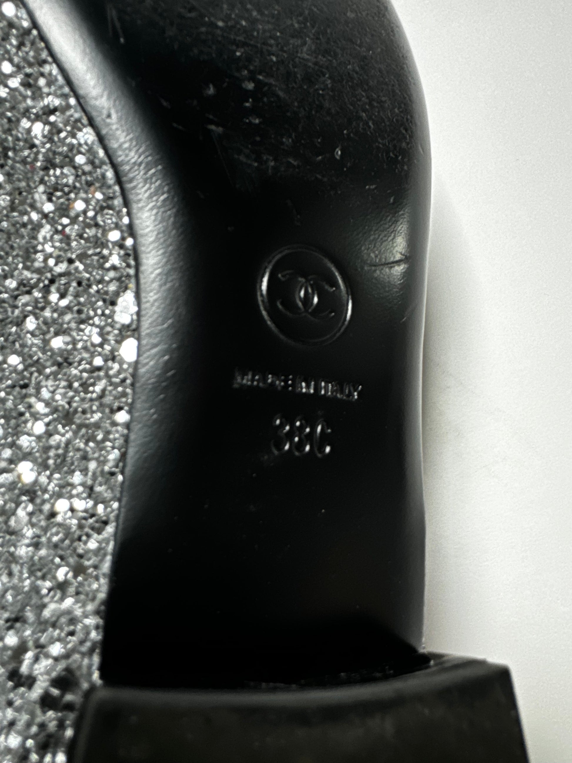 CHANEL silver 17K MILKY WAY GLITTER & PATENT Ballet Flats