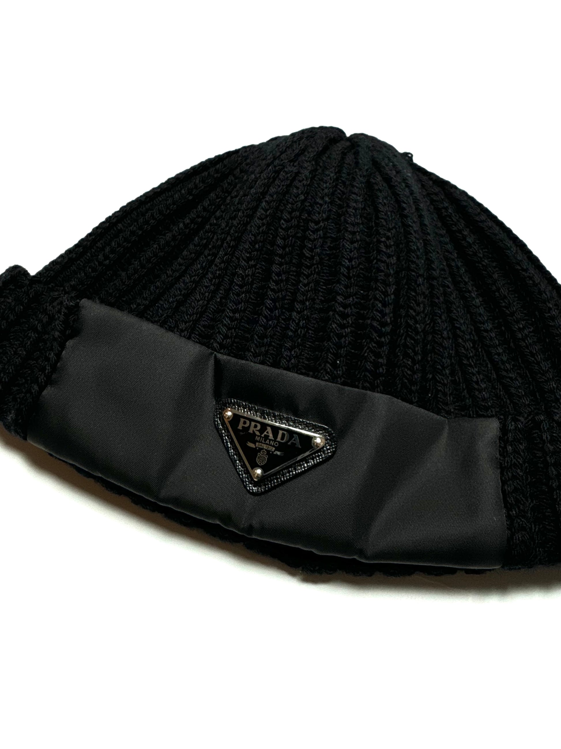 Prada Black Re-Nylon Wool Logo Beanie