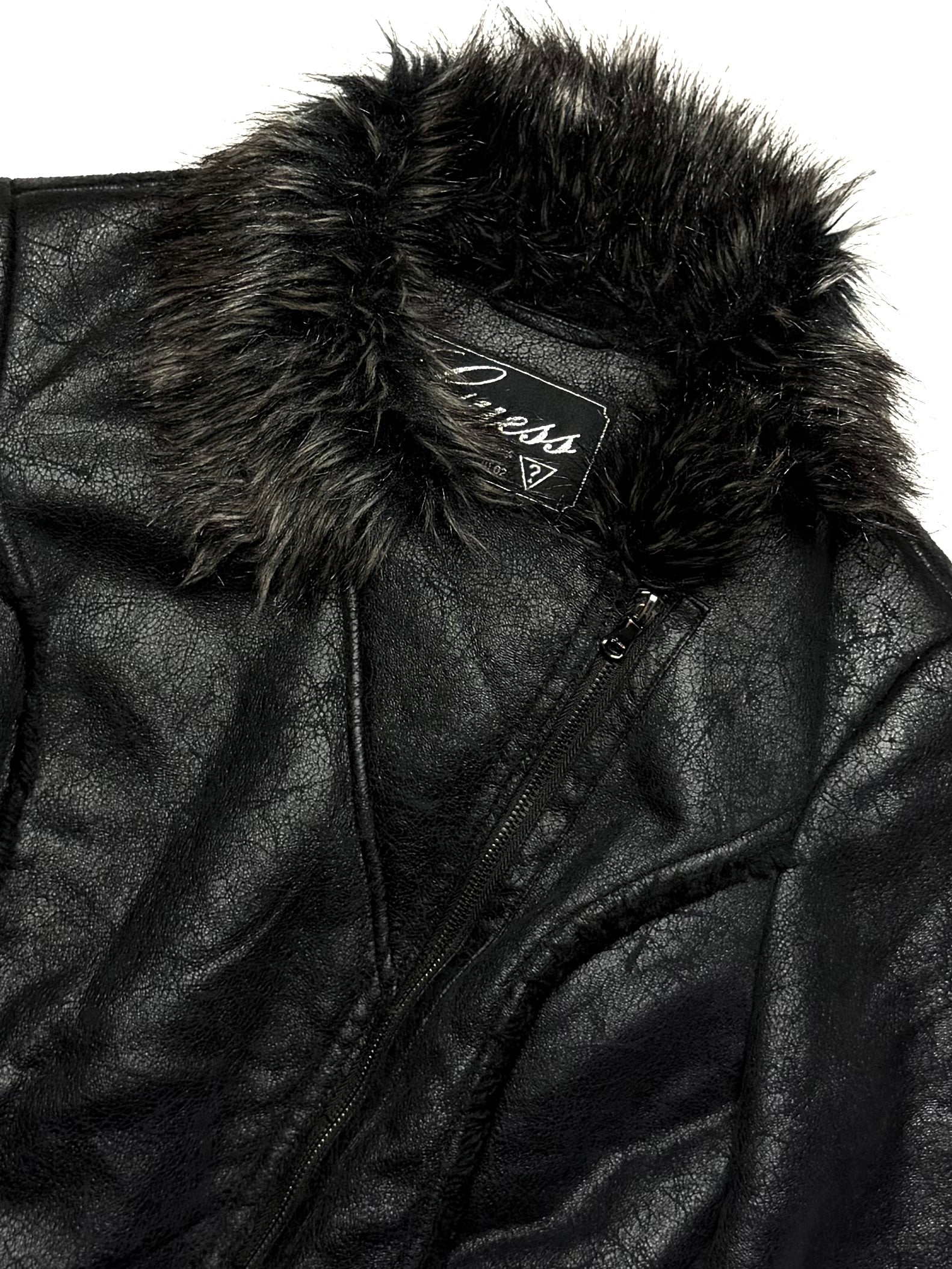GUESS Fur Leather Black Bike Jacket
