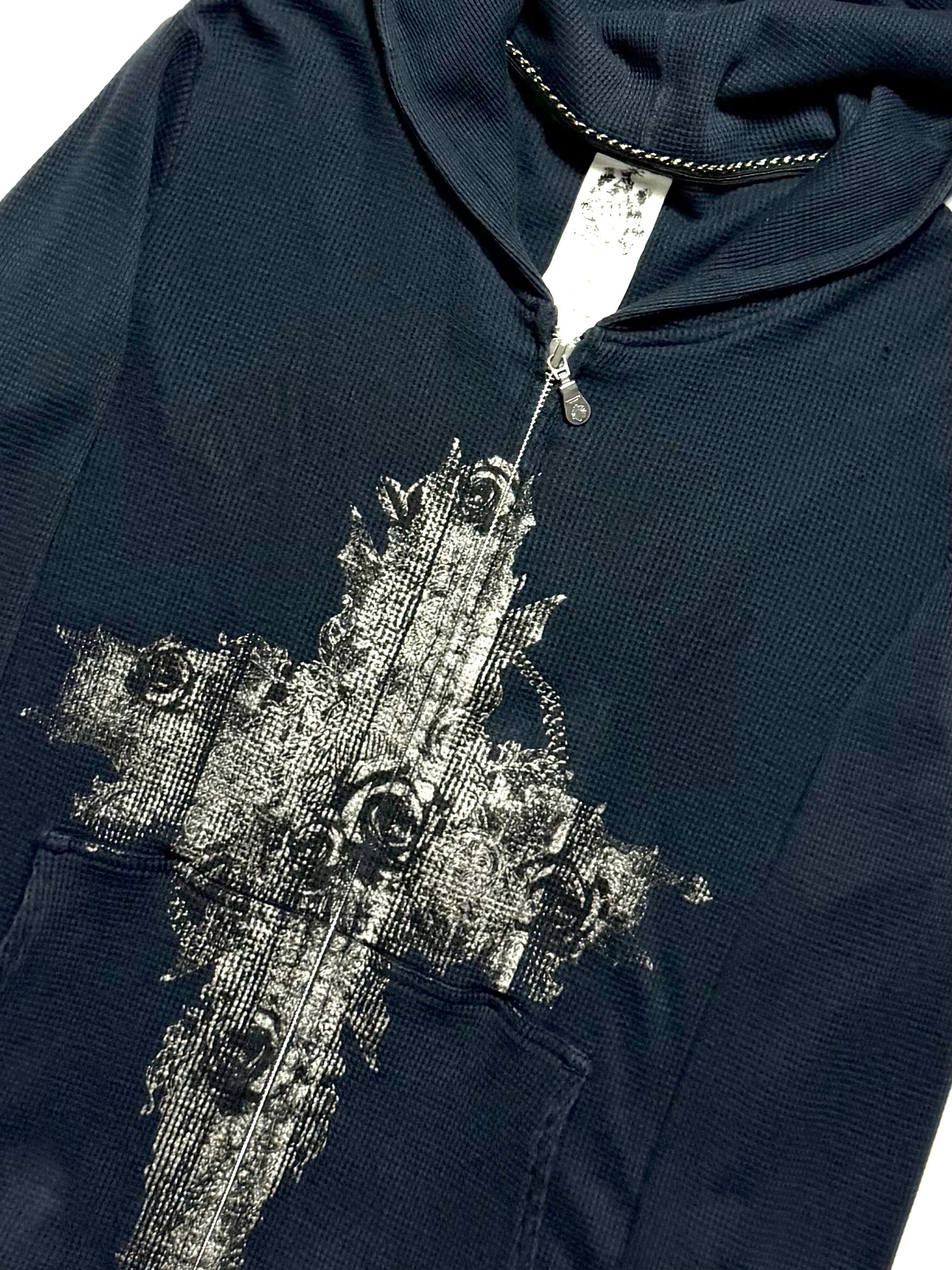 TORNADO MART 00s Cross Rose Print Waffle Zip Up