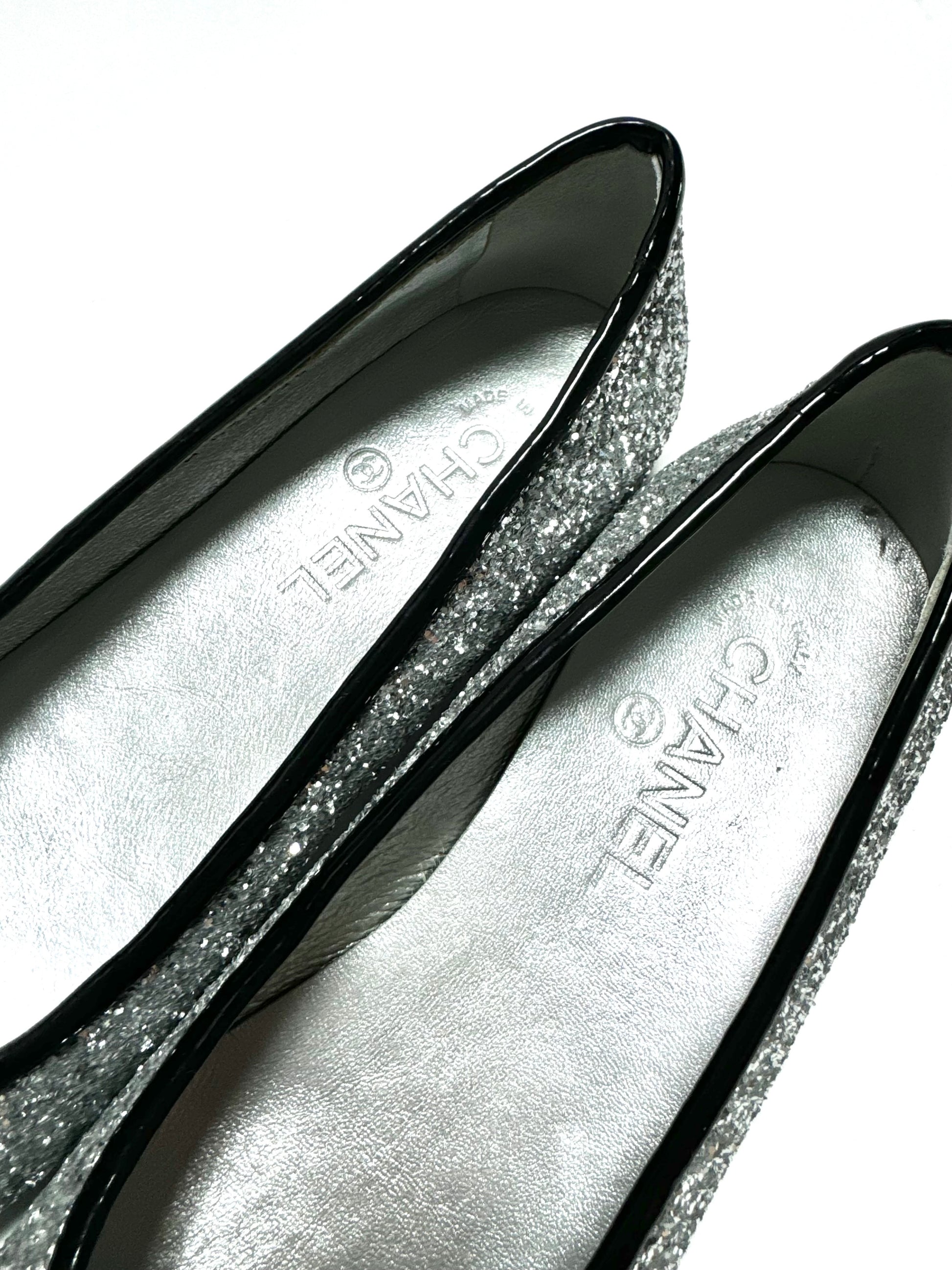 CHANEL silver 17K MILKY WAY GLITTER & PATENT Ballet Flats