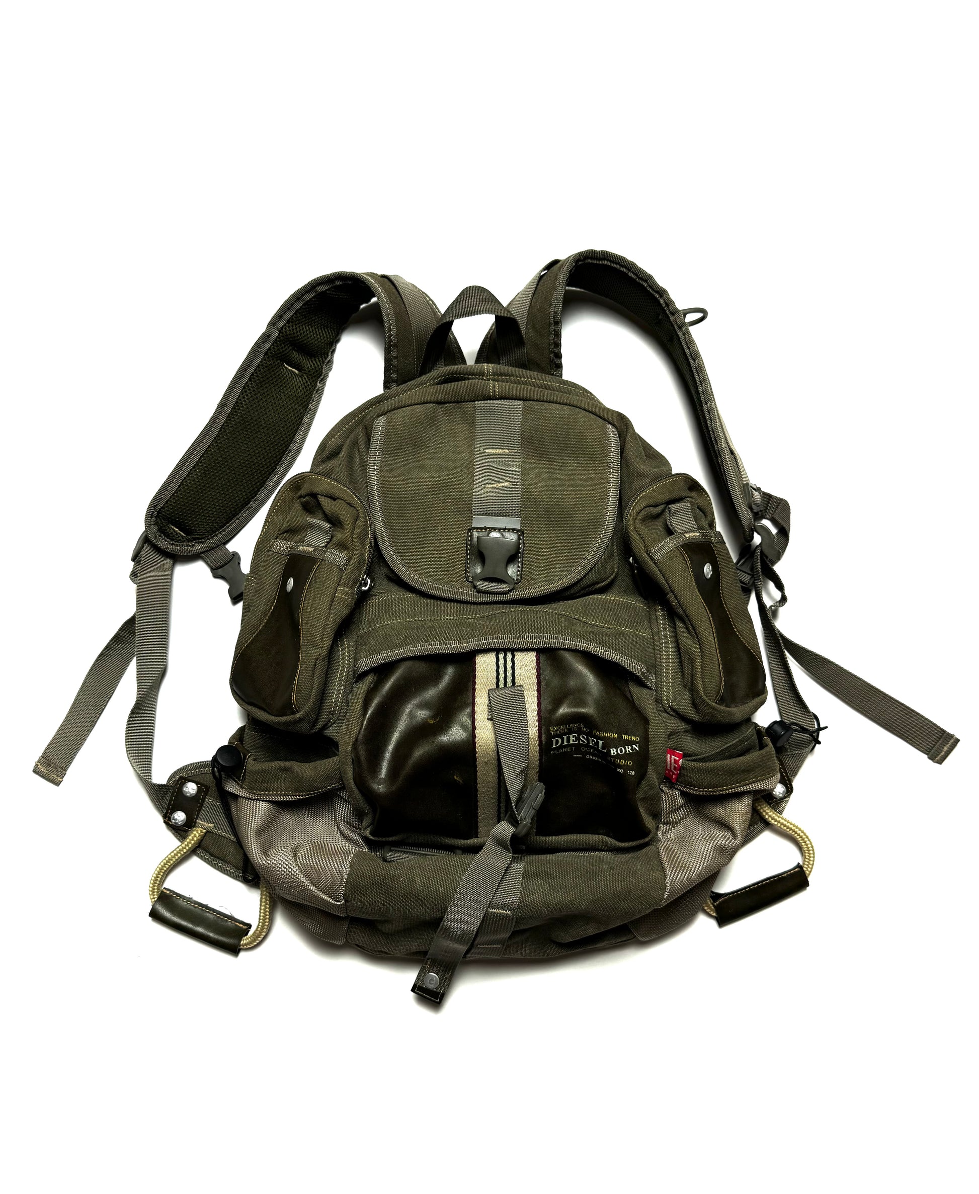 Diesel Spare Parts Line Multi-Pocket Military Army Leather Backpack 90s