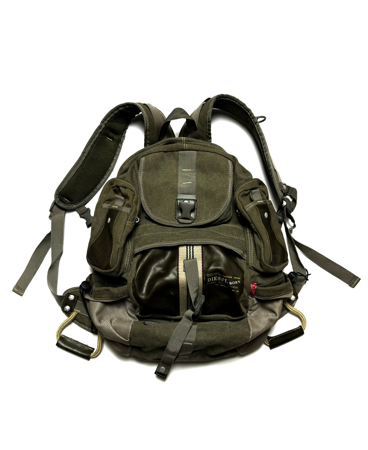 Diesel Spare Parts Line Multi-Pocket Military Army Leather Backpack 90s