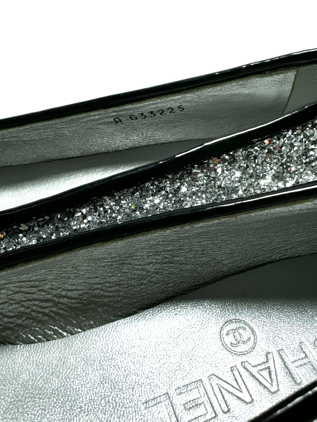 CHANEL silver 17K MILKY WAY GLITTER & PATENT Ballet Flats