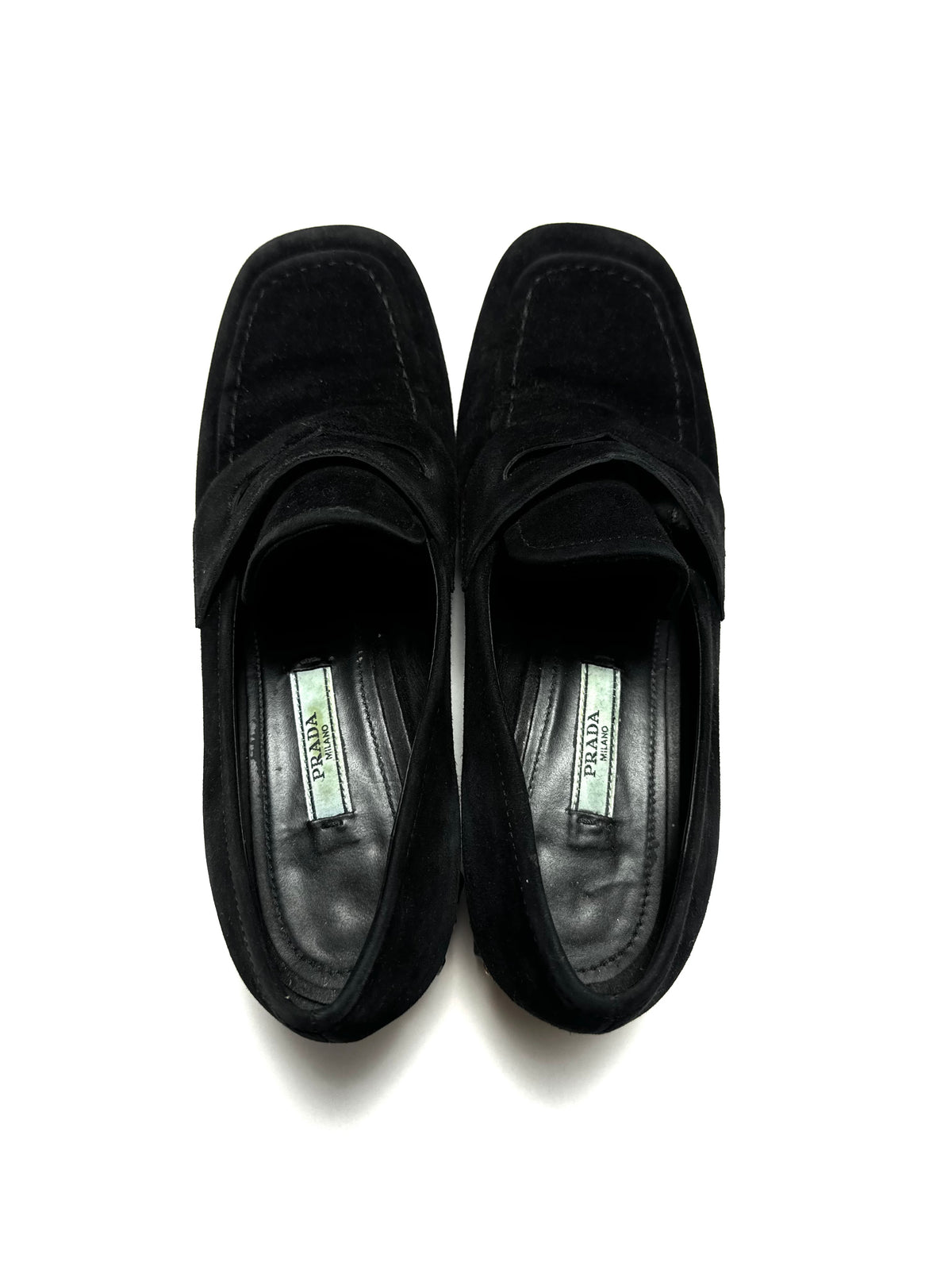Prada Jewel-Heel Penny Loafer Pumps Black Suede