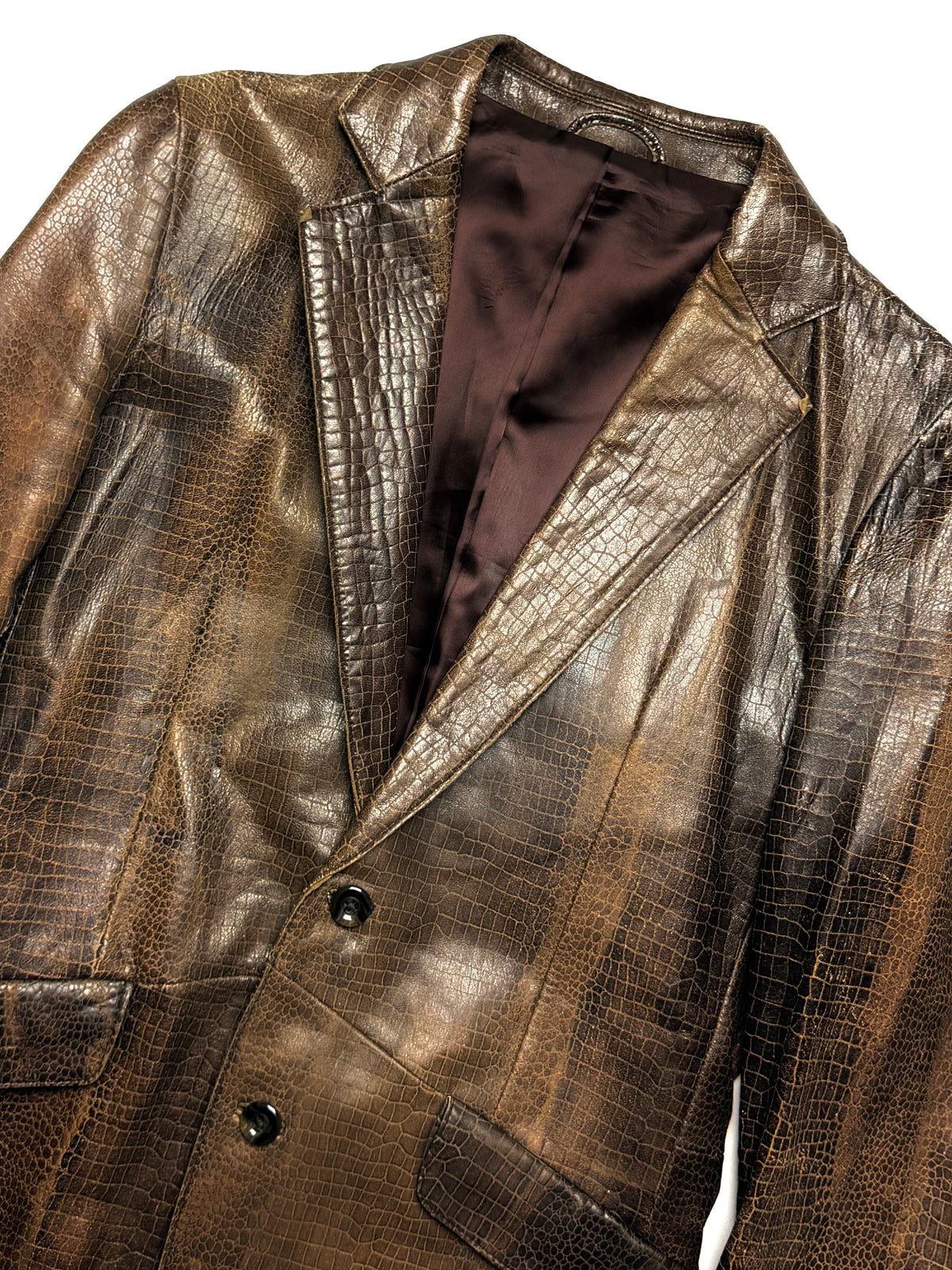 TORNADOMART Crocodile Effect Brown Leather Blazer