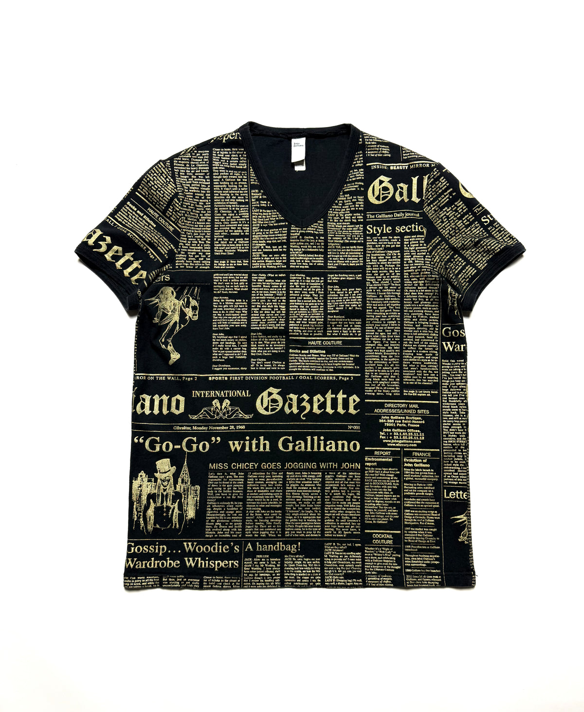John Galliano 00s Dark Navy Newspaper V-neck Tee
