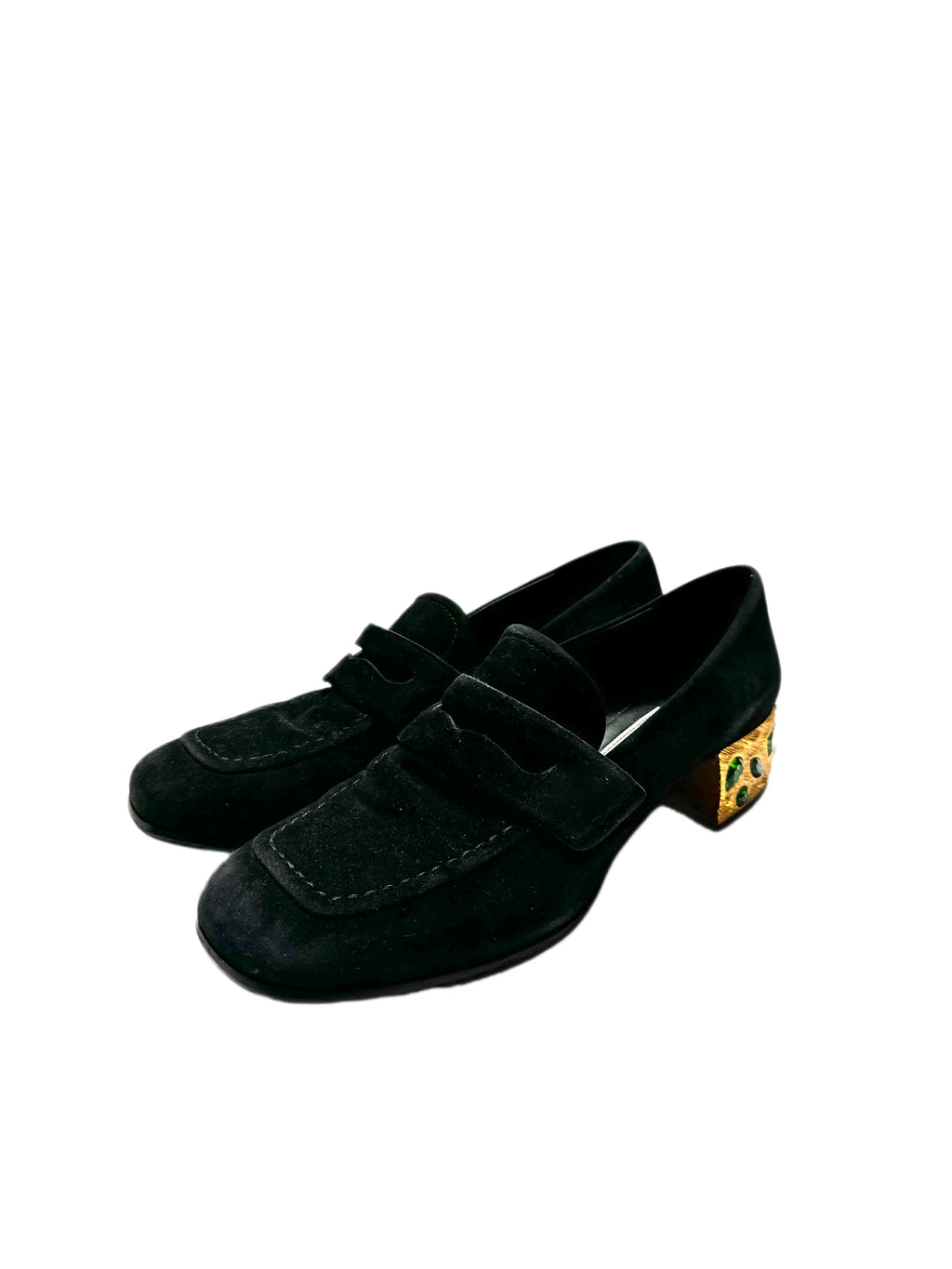 Prada Jewel-Heel Penny Loafer Pumps Black Suede