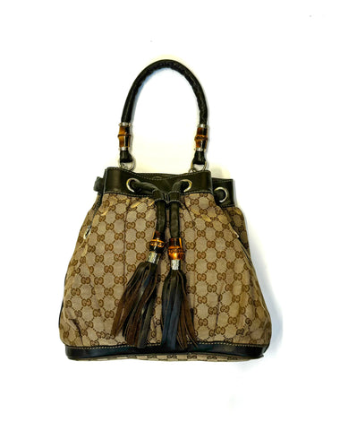 Gucci Leather Monogram Bamboo HandleShoulder Bag