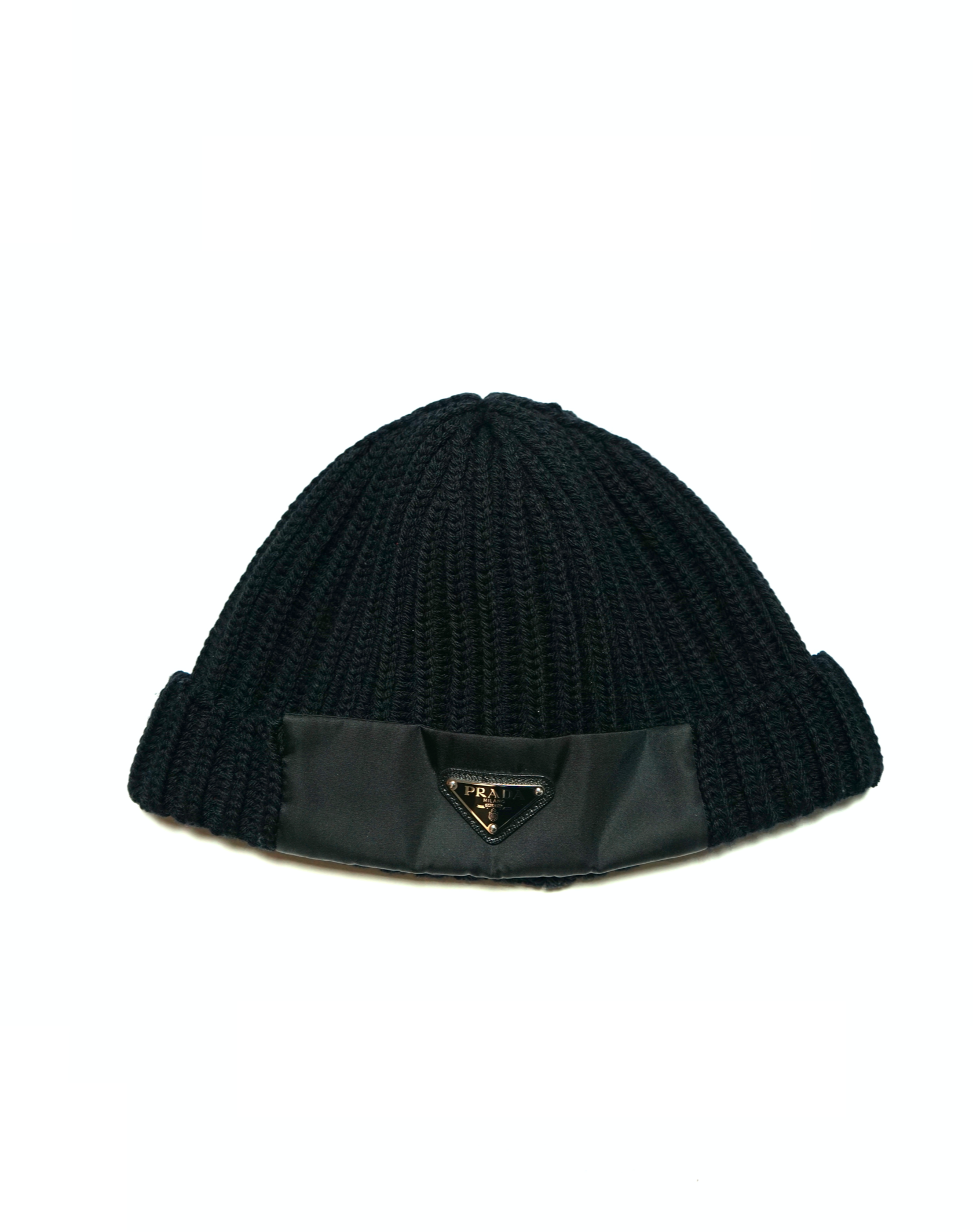 Prada Black Re-Nylon Wool Logo Beanie