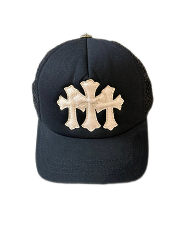 ChromeHearts Black Triple Leather Cross Trucker Hat